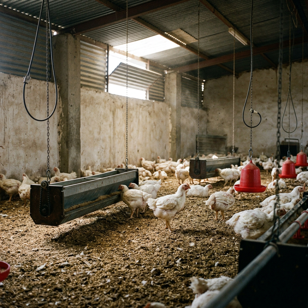 Chickens inside a simple rural poultry shed with a producer checking the birds